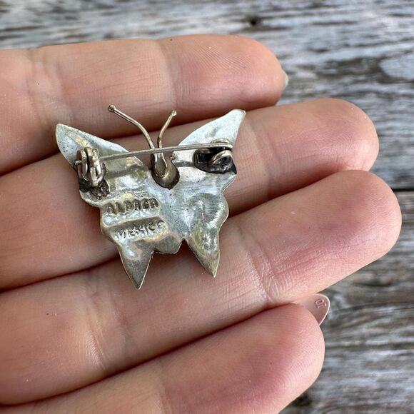 Vintage Alpaca Mexico Silver Abalone Shell Butterfly Inlay Brooch Pin - Picture 2 of 2